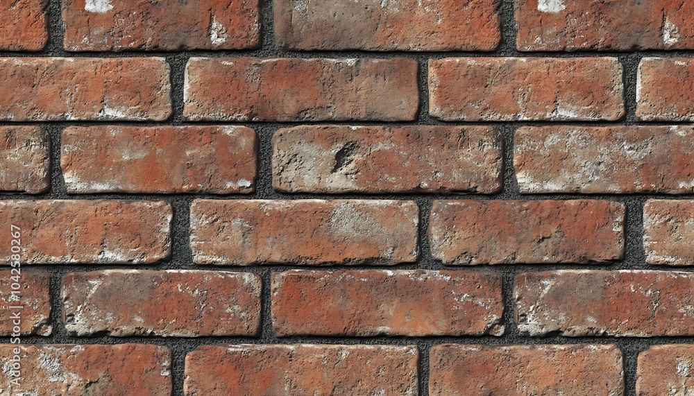 Poster a textured brick wall with a classic red hue, showcasing variations in color and pattern, ideal for 