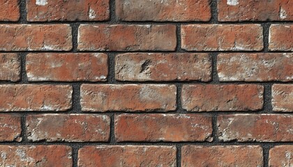 Obraz premium A textured brick wall with a classic red hue, showcasing variations in color and pattern, ideal for construction or design backgrounds.
