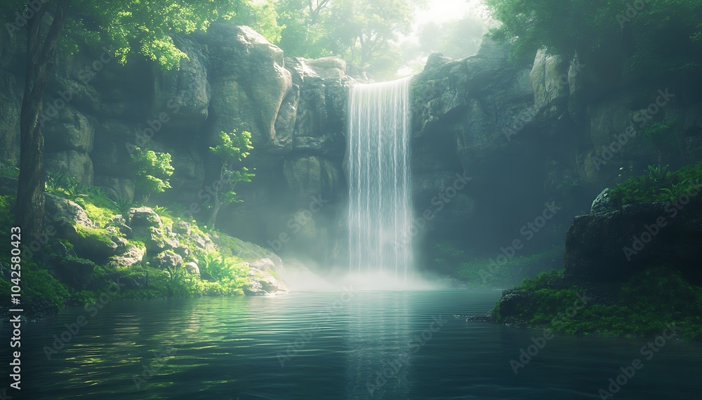 Poster a serene waterfall cascades into a tranquil pool, surrounded by lush greenery and soft mist, creatin