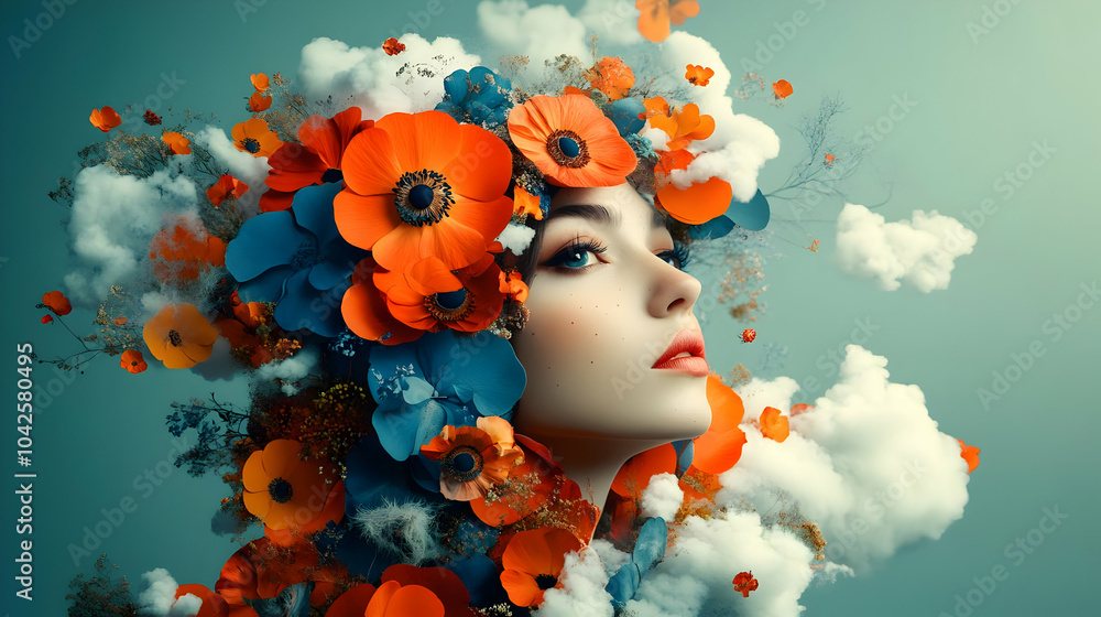 Canvas Prints A surreal portrait of a woman surrounded by vibrant flowers and clouds.