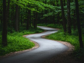 Fototapeta premium A winding paved road leads through a lush green forest, the sunlight dappling through the leaves.