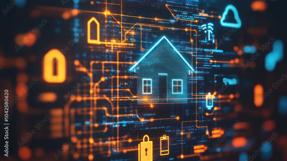 Aufkleber digital representation of a smart home with interconnected technology elements.