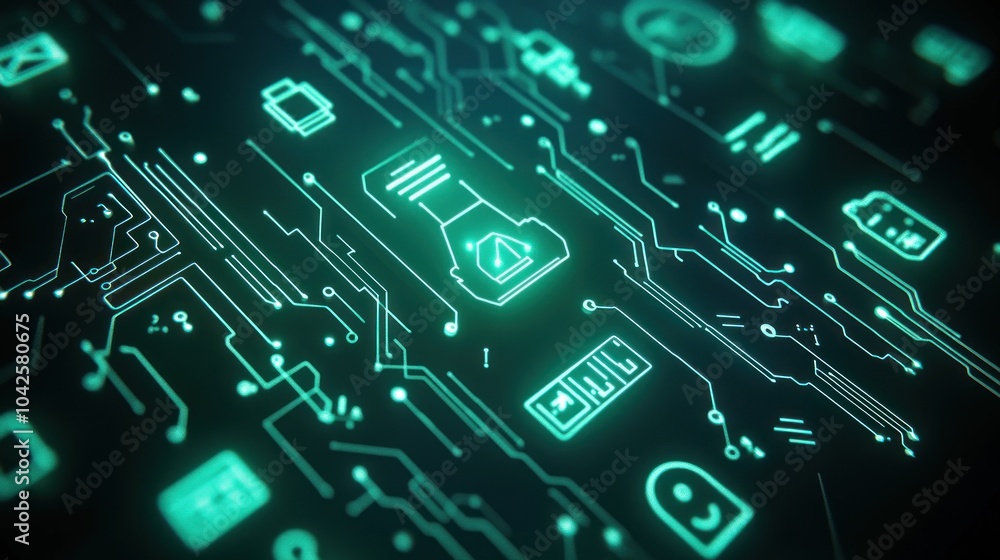 Poster a digital circuit board with glowing icons representing technology and data processing.