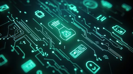 A digital circuit board with glowing icons representing technology and data processing.