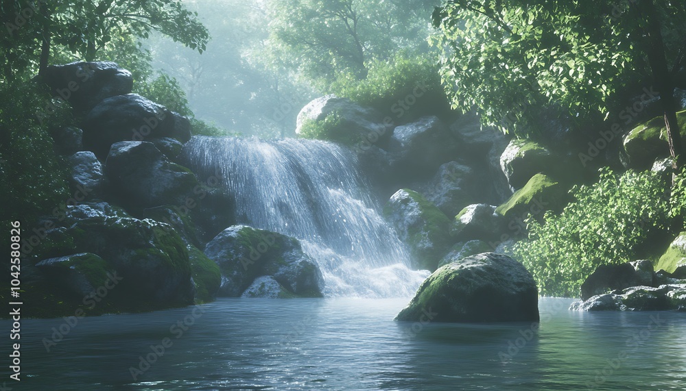 Aufkleber a serene waterfall cascades into a tranquil pool, surrounded by lush greenery and mist, creating a p