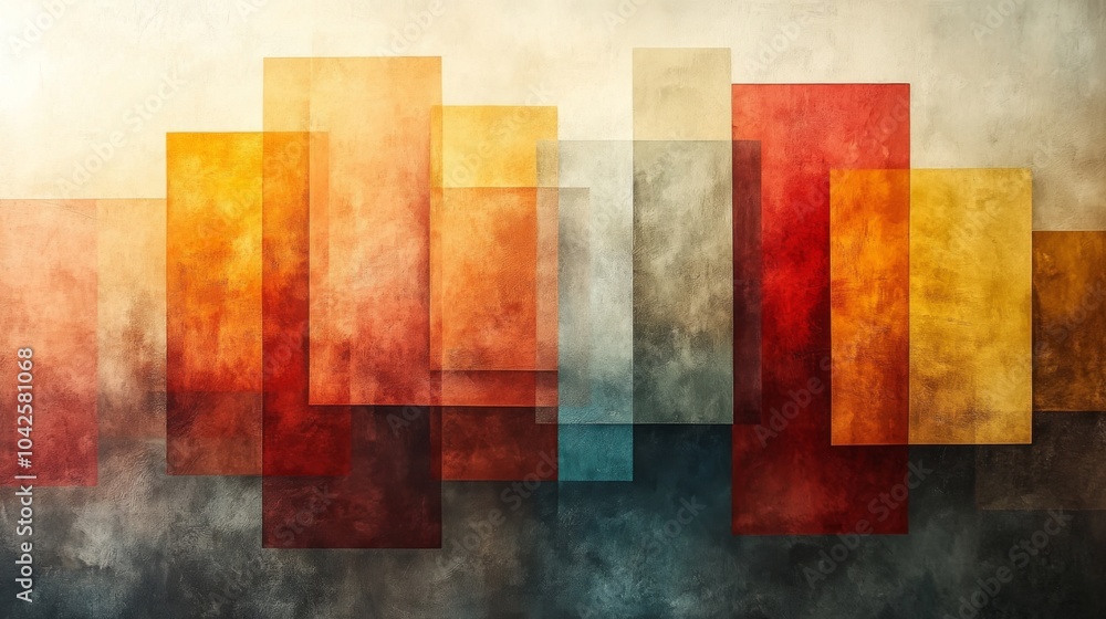 Poster a vibrant display of abstract wall art showcases layered geometric shapes in warm hues, creating an 