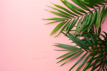 A close up of a palm leaf on a pink background