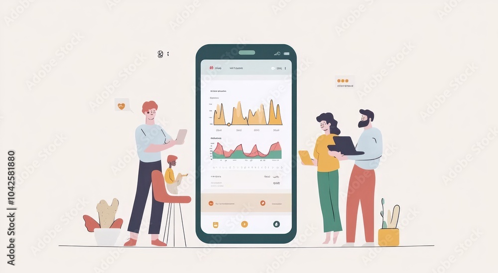 Aufkleber illustration of people analyzing data on a mobile app with graphs and charts.