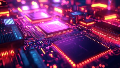 Obraz premium Close-up of a Motherboard with Glowing Neon Lights