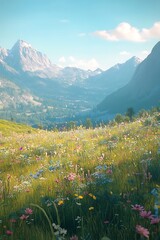 Fototapeta premium A vibrant mountain landscape filled with colorful wildflowers, showcasing a serene valley under a clear blue sky.