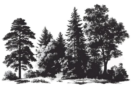 Trees in the forest. Black and white trees silhouettes isolated on white. Forest  sketch, black and white illustration in lithograph style.