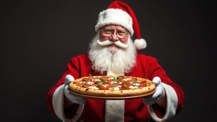 Santa Claus presenting a pizza on a wooden tray against a dark background. Studio shot. Christmas food and holiday meal concept. Design for greeting card, banner, poster