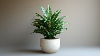 A decorative indoor plant in a textured pot on a neutral background.