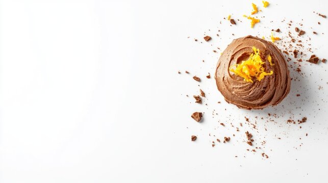 A chocolate cupcake topped with orange zest and crumbs on a white background.