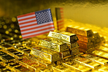 Stacking gold bars with USA flag. Gold is hard commodity goods, risk asset, tangible value that used to be gold reserve, save assets during war and economic crisis