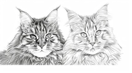 Artistic Line Drawing of Maine Coons on White Background
