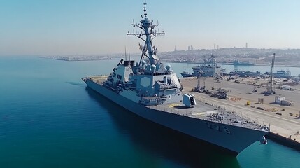Naklejka premium A US Navy destroyer docked at a port, with other ships in the background.