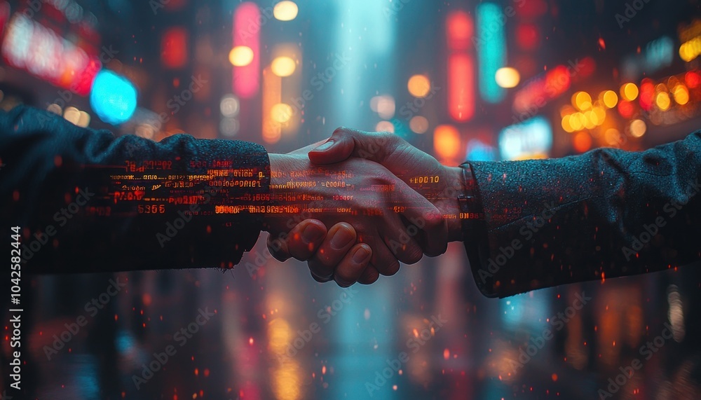 Poster digital code projected onto handshake in urban setting