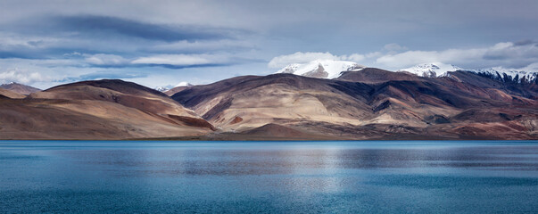 Panorama of Himalayan mountain lake in Himalayas Tso Moriri (official name: Tsomoriri Wetland Conservation Reserve), Korzok, Changthang area, Ladakh, Jammu and Kashmir, India