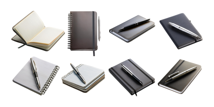 Variety of Notebooks and Pens on a Dark Background, PNG collection, set bundle, isolate on transparent or white background