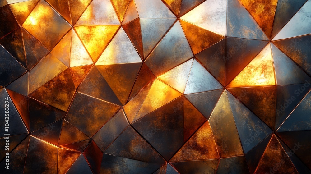 Leinwandbilder Intricately arranged triangular shapes create a stunning visual effect, featuring a combination of metallic hues and warm lighting that enhances the overall texture and depth.