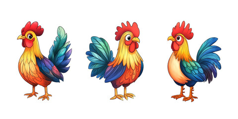Fototapeta premium Illustration of three cute funny roosters on white background, Generative AI image.
