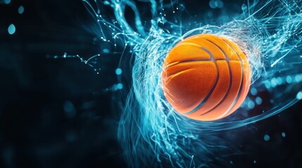 A dynamic basketball surrounded by swirling blue energy, emphasizing motion and excitement.