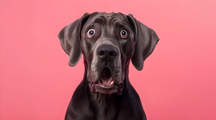 A portrait of a great dane dog with a surprised expression, looking into the camera isolated a pink background