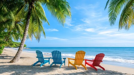 Idyllic beachfront with colorful beach chairs under swaying palm trees and gentle waves lapping at the shore creating a tropical paradise