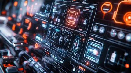 Fototapeta premium Futuristic control panel with glowing interfaces and data displays.