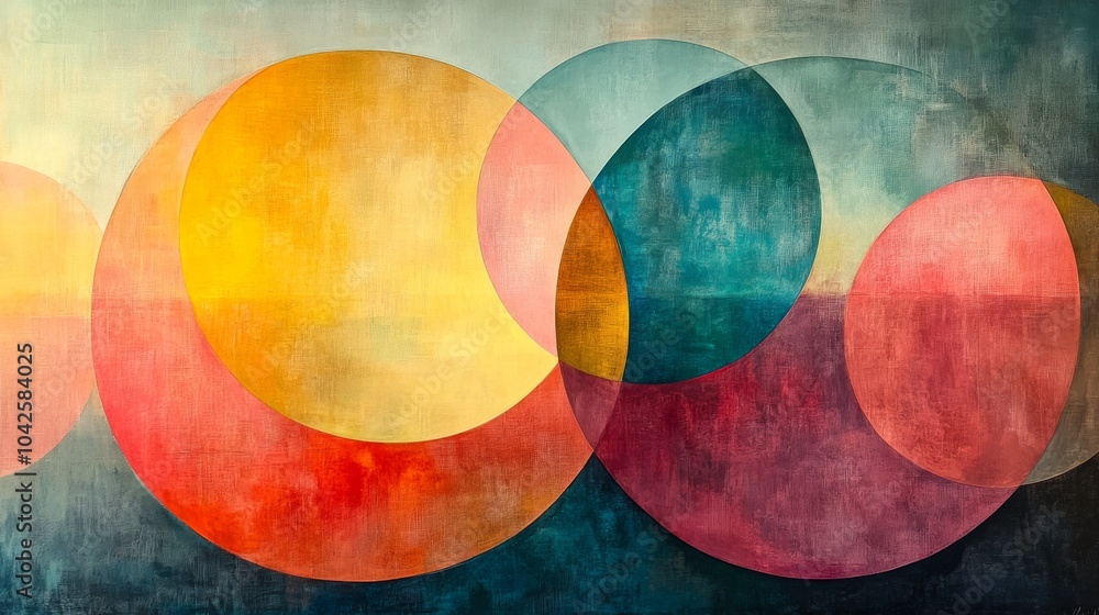 Poster This artwork displays an array of overlapping circles in bold hues, blending warm yellows and reds with cool blues and greens, creating a harmonious composition that captivates the viewer.