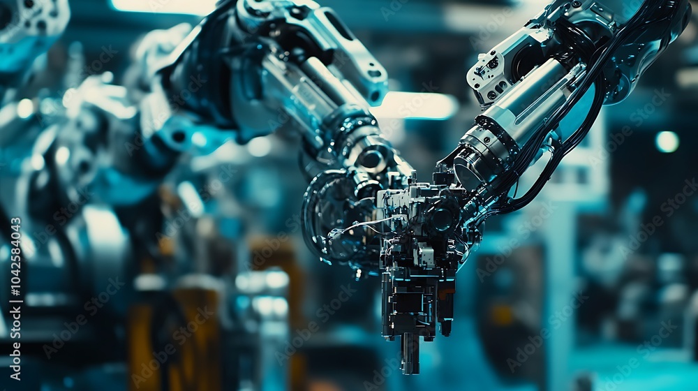 Poster close-up of two robotic arms working in a factory setting.