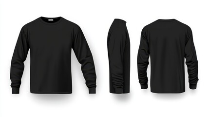 Men's black long-sleeved t-shirt isolated on a white background, concept mockup template with front, back and side views of the t-shirt, 3d render