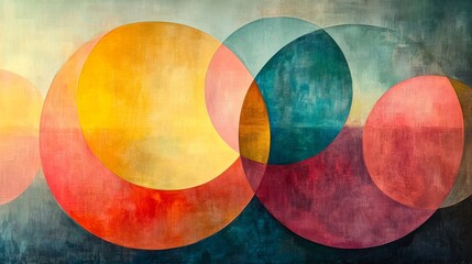 This artwork displays an array of overlapping circles in bold hues, blending warm yellows and reds with cool blues and greens, creating a harmonious composition that captivates the viewer.