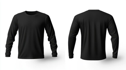 Men's black long sleeve t-shirt isolated on white background, concept mockup template with t-shirt front and back view, 3d rendering