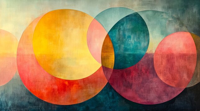 This artwork displays an array of overlapping circles in bold hues, blending warm yellows and reds with cool blues and greens, creating a harmonious composition that captivates the viewer.