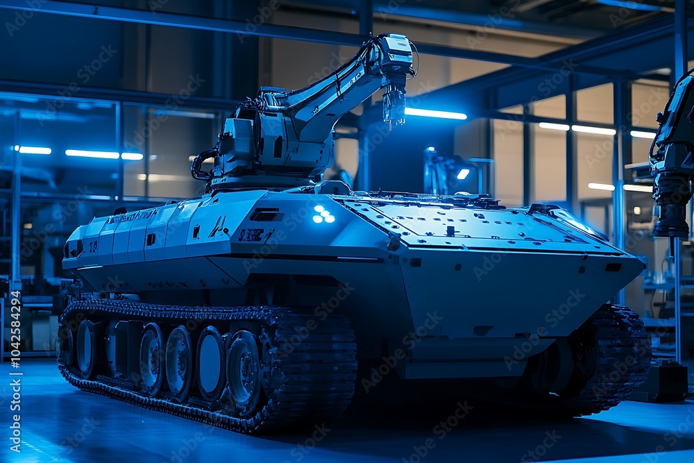 Poster a military armored vehicle on tracks with a robotic arm attached to the back, illuminated with blue 