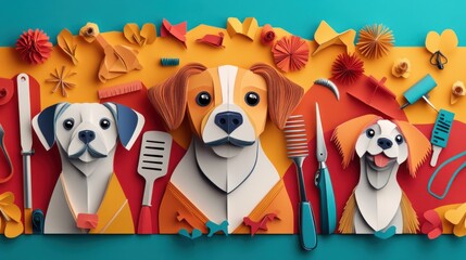 A colorful paper art depiction of three dogs surrounded by grooming tools.