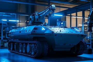 Obraz premium A military armored vehicle on tracks with a robotic arm attached to the back, illuminated with blue lighting in a factory setting.