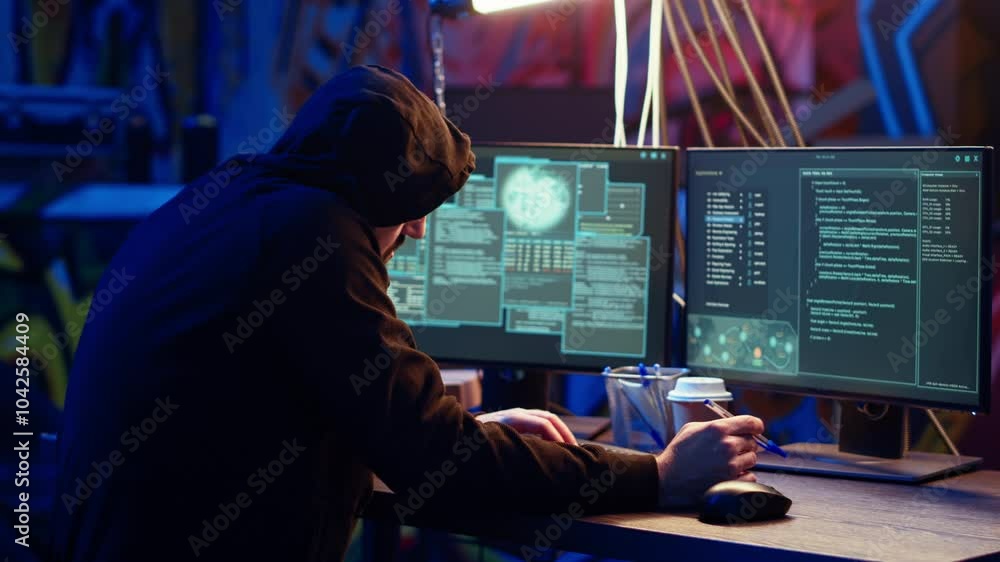Poster hacker in abandoned warehouse talking on phone with partner, stealing data after using phishing tech