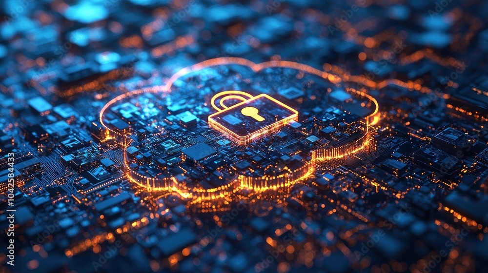 Poster Cybersecurity Concept with a Padlock Symbol on a Circuit Board