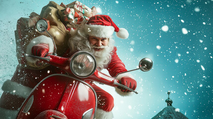 Jolly Santa Claus Riding Vintage Red scooter  Through Snowy Winter Wonderland , concept Happy New Year , space for text.