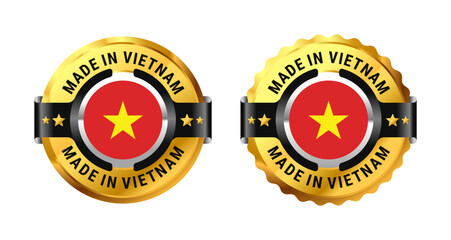 Made in Vietnam logo a gold circle with a picture of a flag in the middle. For icon, label, badge, mark, sign, symbol, etc. Modern and minimalist. Vector Illustration