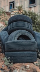 Pile of old tires stacked on top of each other