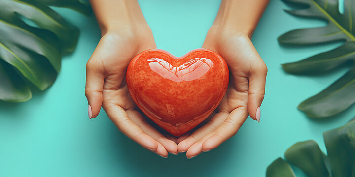 A caring and tender image of hands cupping a vibrant red heart, ideal for health campaigns, Valentine’s Day promotions, and organ donation awareness. - Powered by Adobe