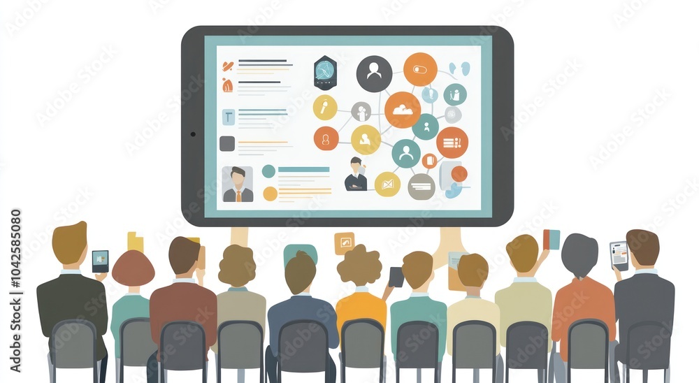 Poster a group of people viewing a large tablet displaying various digital icons and information.