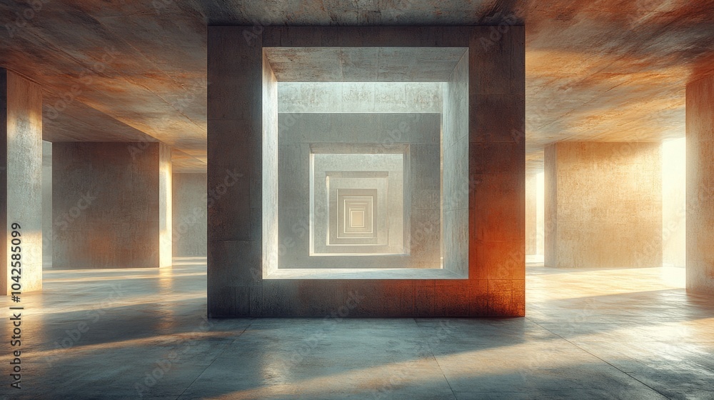 Poster Sunlight streams through a series of square concrete openings in a vast interior, creating a mesmerizing interplay of light and shadow in a minimalist setting.