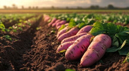 Closeup of fresh pink radishes in a field at sunset.