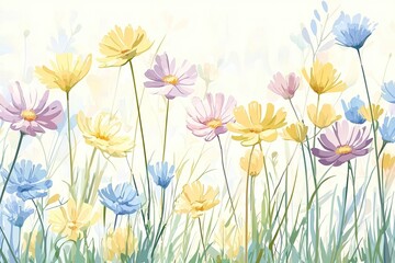 Colorful wildflowers blooming in a soft, dreamy garden landscape.