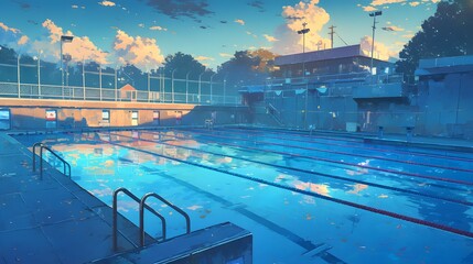 Obraz premium The schools anime-style swimming pool, with crystal-clear water reflecting the last rays of the sun, and the diving board casting a long shadow over the still surface as the sky darkens.